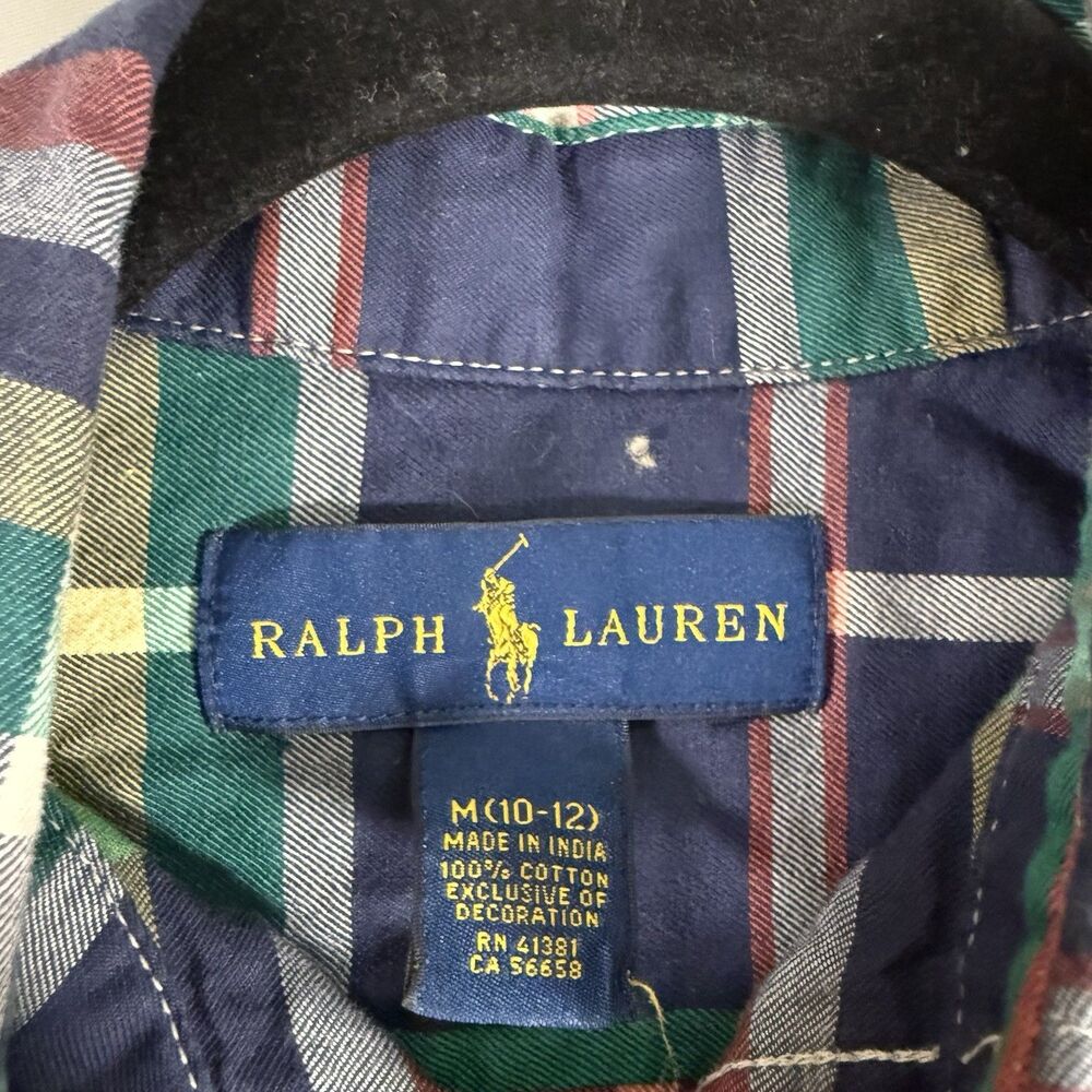 Ralph Lauren Dress Shirt Boys Medium 10-12 Blue Green Plaid Long Sleeve Cotton - Picture 5 of 9